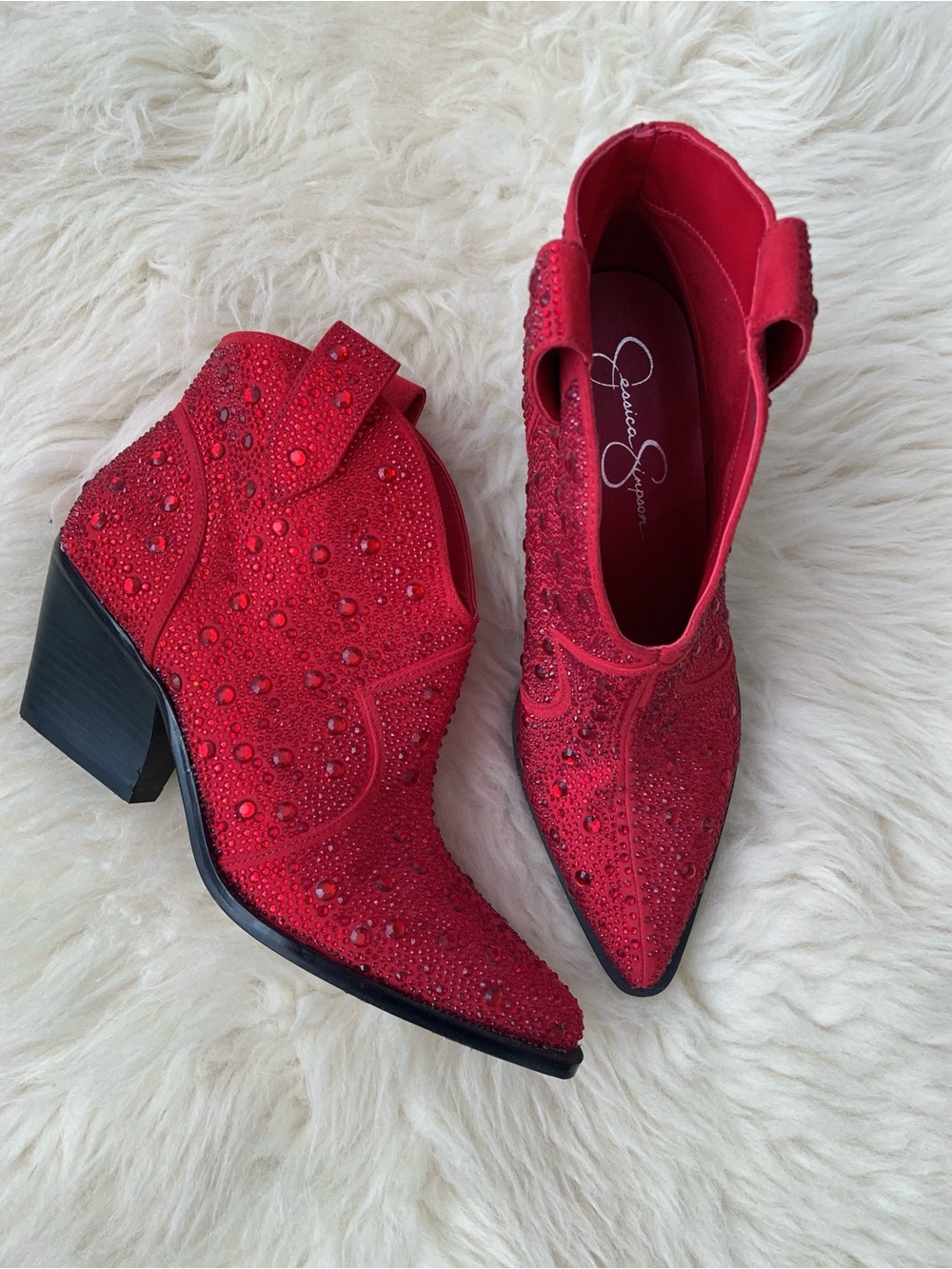 JESSICA SIMPSON Red Crystal Embellished Women's Ankle Boots (Sz 10) - Picture 5 of 10